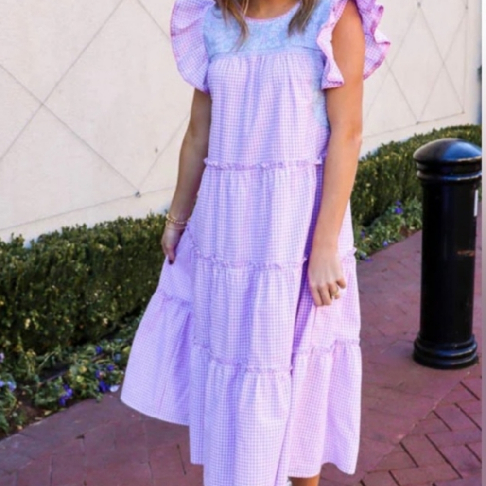 J. Marie Kayla Tiered Midi Dress Purple Gingham Embroidery S - Picture 2 of 12
